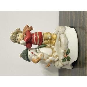 Vintage  80's Christmas Music Box Snowman Dog and Child Porcelain